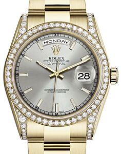Rolex Day-Date 36 Yellow Gold Silver Index Dial & Diamond Set Case & Bezel Oyster Bracelet 118388 - BRAND NEW