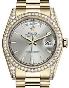 Rolex Day-Date 36 Yellow Gold Silver Index Dial & Diamond Set Case & Bezel President Bracelet 118388 - BRAND NEW