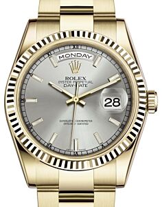 Rolex Day-Date 36 Yellow Gold Silver Index Dial & Fluted Bezel Oyster Bracelet 118238