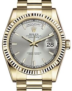 Rolex Day-Date 36 Yellow Gold Silver Index Dial & Fluted Bezel President Bracelet 118238 - PRE-OWNED