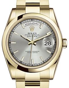 Rolex Day-Date 36 Yellow Gold Silver Index Dial & Smooth Domed Bezel Oyster Bracelet 118208 - BRAND NEW