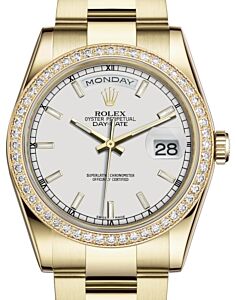 Rolex Day-Date 36 Yellow Gold White Index Dial & Diamond Bezel Oyster Bracelet 118348 - BRAND NEW