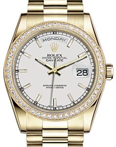 Rolex Day-Date 36 Yellow Gold White Index Dial & Diamond Bezel President Bracelet 118348 - BRAND NEW