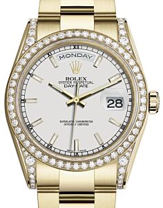 Rolex Day-Date 36 Yellow Gold White Index Dial & Diamond Set Case & Bezel Oyster Bracelet 118388 - BRAND NEW