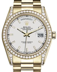Rolex Day-Date 36 Yellow Gold White Index Dial & Diamond Set Case & Bezel President Bracelet 118388 - BRAND NEW