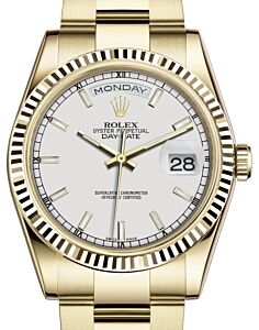 Rolex Day-Date 36 Yellow Gold White Index Dial & Fluted Bezel Oyster Bracelet 118238