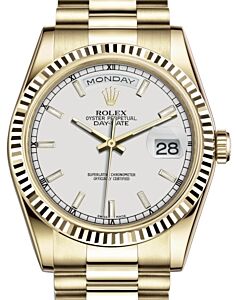 Rolex Day-Date 36 Yellow Gold White Index Dial & Fluted Bezel President Bracelet 118238