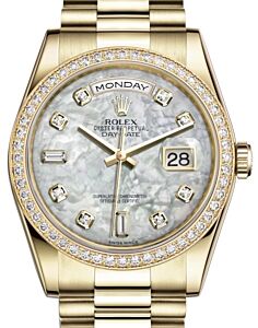 Rolex Day-Date 36 Yellow Gold White Mother of Pearl Diamond Dial & Diamond Bezel President Bracelet 118348 - BRAND NEW