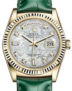 Rolex Day-Date 36 Yellow Gold White Mother of Pearl Diamond Dial & Fluted Bezel Green Leather Strap 118138 - BRAND NEW