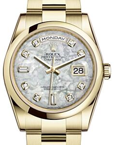 Rolex Day-Date 36 Yellow Gold White Mother of Pearl Diamond Dial & Smooth Domed Bezel Oyster Bracelet 118208 - BRAND NEW