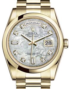 Rolex Day-Date 36 Yellow Gold White Mother of Pearl Diamond Dial & Smooth Domed Bezel President Bracelet 118208 - BRAND NEW