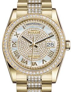 Rolex Day-Date 36 Yellow Gold White Mother of Pearl Diamond Paved Roman Dial & Diamond Bezel Diamond Set President Bracelet 118348 - BRAND NEW