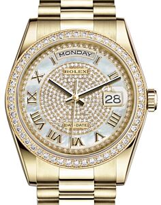 Rolex Day-Date 36 Yellow Gold White Mother of Pearl Diamond Paved Roman Dial & Diamond Bezel President Bracelet 118348 - BRAND NEW