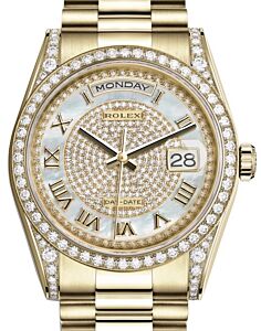 Rolex Day-Date 36 Yellow Gold White Mother of Pearl Diamond Paved Roman Dial & Diamond Set Case & Bezel President Bracelet 118388 - BRAND NEW
