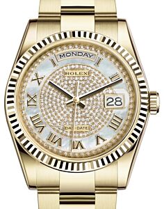 Rolex Day-Date 36 Yellow Gold White Mother of Pearl Diamond Paved Roman Dial & Fluted Bezel Oyster Bracelet 118238