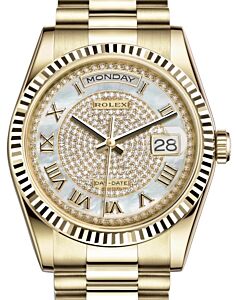 Rolex Day-Date 36 Yellow Gold White Mother of Pearl Diamond Paved Roman Dial & Fluted Bezel President Bracelet 118238