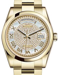 Rolex Day-Date 36 Yellow Gold White Mother of Pearl Diamond Paved Roman Dial & Smooth Domed Bezel Oyster Bracelet 118208 - BRAND NEW