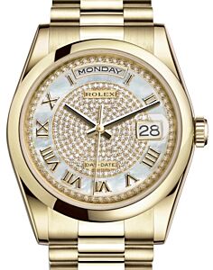 Rolex Day-Date 36 Yellow Gold White Mother of Pearl Diamond Paved Roman Dial & Smooth Domed Bezel President Bracelet 118208 - BRAND NEW