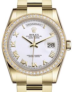 Rolex Day-Date 36 Yellow Gold White Roman Dial & Diamond Bezel Oyster Bracelet 118348 - BRAND NEW