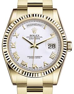 Rolex Day-Date 36 Yellow Gold White Roman Dial & Fluted Bezel Oyster Bracelet 118238