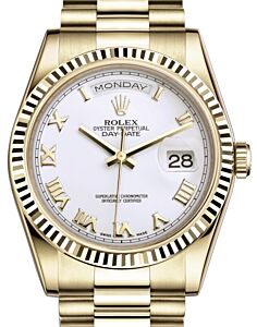 Rolex Day-Date 36 Yellow Gold White Roman Dial & Fluted Bezel President Bracelet 118238