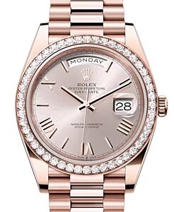 Rolex Day-Date 40 President Rose Gold Sundust Roman Dial Diamond Bezel 228345RBR