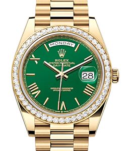 Rolex Day-Date 40 President Yellow Gold Green Roman Dial Diamond Bezel 228348RBR