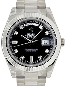 Rolex Day-Date II President White Gold 41mm Black Diamond Fluted Bezel 218239