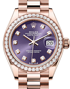Rolex Lady Datejust 28 Rose Gold Aubergine Diamond Dial & Diamond Bezel President Bracelet 279135RBR - BRAND NEW