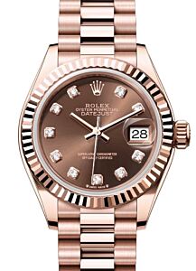 Rolex Lady Datejust 28 Rose Gold Chocolate Diamond Dial & Fluted Bezel President Bracelet 279175 - BRAND NEW