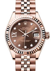 Rolex Lady Datejust 28 Rose Gold Chocolate Diamond IX Dial & Fluted Bezel Jubilee Bracelet 279175 - BRAND NEW