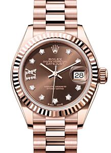 Rolex Lady Datejust 28 Rose Gold Chocolate Diamond IX Dial & Fluted Bezel President Bracelet 279175 - BRAND NEW