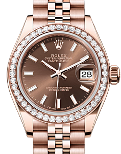 Rolex Lady Datejust 28 Rose Gold Chocolate Index Dial & Diamond Bezel Jubilee Bracelet 279135RBR - BRAND NEW