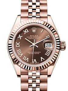 Rolex Lady Datejust 28 Rose Gold Chocolate Roman Dial & Fluted Bezel Jubilee Bracelet 279175 - BRAND NEW