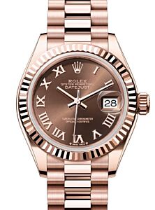 Rolex Lady Datejust 28 Rose Gold Chocolate Roman Dial & Fluted Bezel President Bracelet 279175 - BRAND NEW