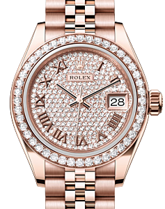 Rolex Lady Datejust 28 Rose Gold Diamond Paved Roman Dial & Diamond Bezel Jubilee Bracelet 279135RBR - BRAND NEW