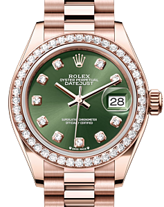 Rolex Lady Datejust 28 Rose Gold Olive Green Diamond Dial & Diamond Bezel President Bracelet 279135RBR - BRAND NEW