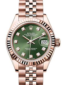 Rolex Lady Datejust 28 Rose Gold Olive Green Diamond Dial & Fluted Bezel Jubilee Bracelet 279175 - BRAND NEW