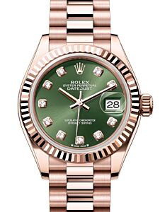 Rolex Lady Datejust 28 Rose Gold Olive Green Diamond Dial & Fluted Bezel President Bracelet 279175 - BRAND NEW