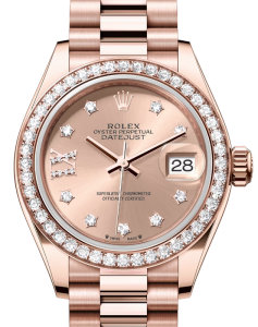 Rolex Lady Datejust 28 Rose Gold Rose Diamond IX Dial & Diamond Bezel President Bracelet 279135RBR - BRAND NEW