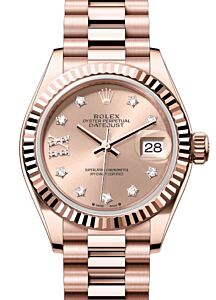 Rolex Lady Datejust 28 Rose Gold Rose Diamond IX Dial & Fluted Bezel President Bracelet 279175 - BRAND NEW
