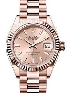 Rolex Lady Datejust 28 Rose Gold Rose Index Dial & Fluted Bezel President Bracelet 279175 - BRAND NEW