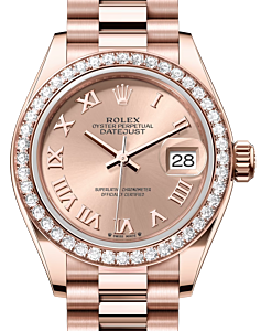 Rolex Lady Datejust 28 Rose Gold Rose Roman Dial & Diamond Bezel President Bracelet 279135RBR - BRAND NEW