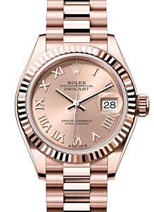 Rolex Lady Datejust 28 Rose Gold Rose Roman Dial & Fluted Bezel President Bracelet 279175 - BRAND NEW