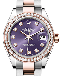 Rolex Lady Datejust 28 Rose Gold/Steel Aubergine Diamond Dial & Diamond Bezel Oyster Bracelet 279381RBR - BRAND NEW