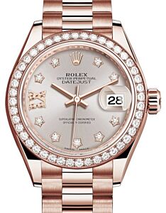 Rolex Lady Datejust 28 Rose Gold Sundust Diamond IX Dial & Diamond Bezel President Bracelet 279135RBR - BRAND NEW