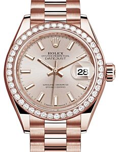 Rolex Lady Datejust 28 Rose Gold Sundust Index Dial & Diamond Bezel President Bracelet 279135RBR - BRAND NEW