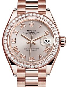 Rolex Lady Datejust 28 Rose Gold Sundust Roman Dial & Diamond Bezel President Bracelet 279135RBR - BRAND NEW