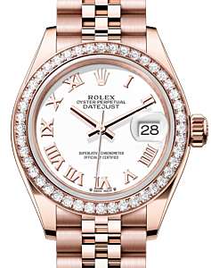 Rolex Lady Datejust 28 Rose Gold White Roman Dial & Diamond Bezel Jubilee Bracelet 279135RBR - BRAND NEW
