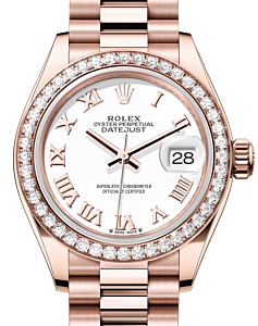 Rolex Lady Datejust 28 Rose Gold White Roman Dial & Diamond Bezel President Bracelet 279135RBR - BRAND NEW